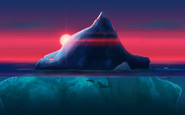 HD desktop wallpaper showcasing a majestic iceberg at sunset with vibrant pink and purple skies, highlighting the underwater marine life beneath the icy surface.