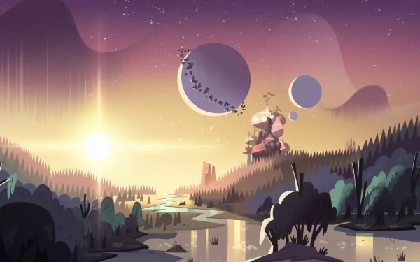 HD desktop wallpaper of Butterfly Castle by a river in Mewni from the TV show Star vs. the Forces of Evil, featuring a vibrant sunset and celestial bodies in the sky.