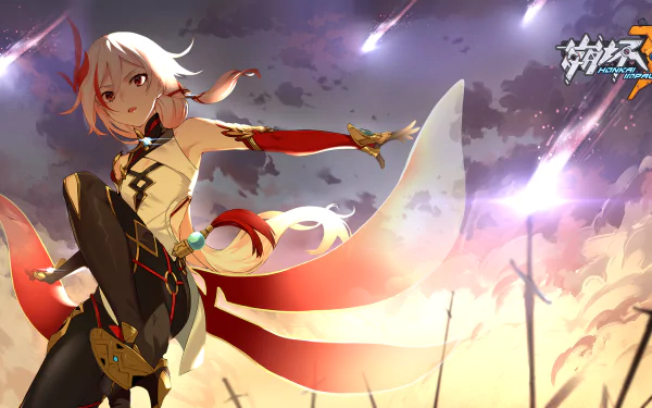 HD wallpaper featuring Fu Hua from the video game Honkai Impact 3rd, showcasing a dynamic action scene with a dramatic sky and flying embers in the background.