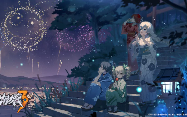 HD desktop wallpaper featuring characters Bronya Zaychik, Raiden Mei, Kiana Kaslana, and Murata Himeko from the video game Honkai Impact 3rd gazing at fireworks on a serene night.