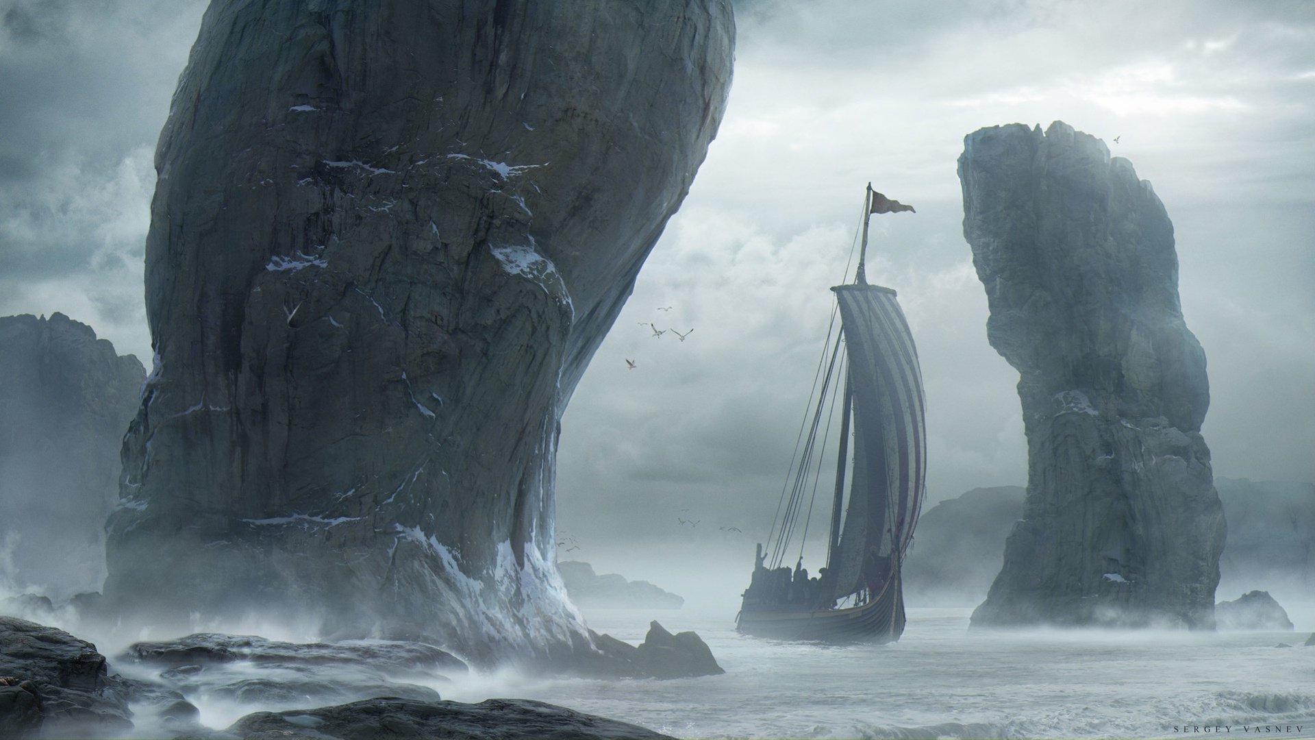 HD fantasy desktop wallpaper featuring a lone ship sailing through towering rock formations shrouded in mist under a cloudy sky.