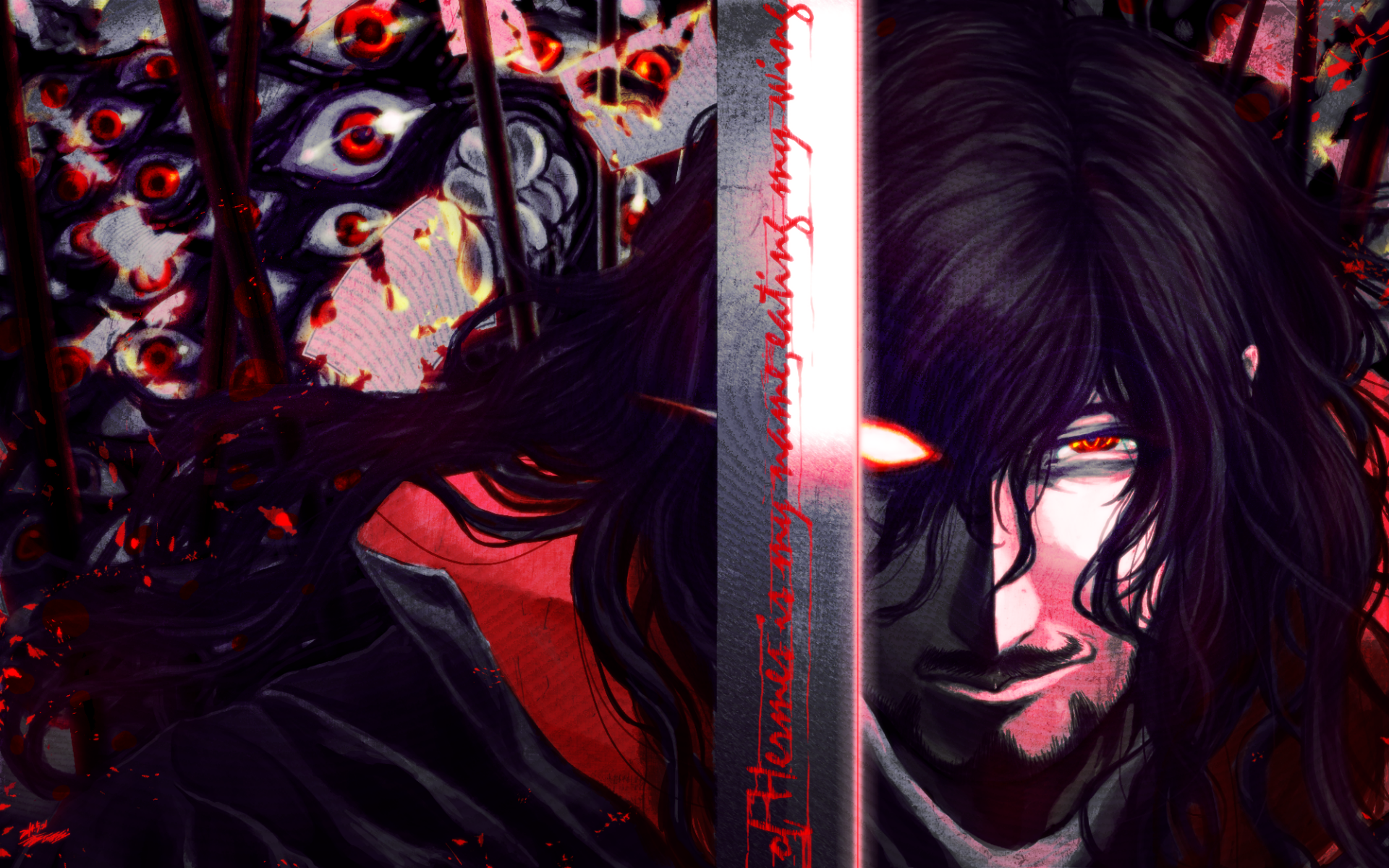 HD PC desktop wallpaper of Alucard (Hellsing): a sword splits his face, dark hair and one glowing red eye, blood streaks and a background of countless staring eyes.