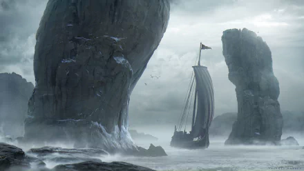 HD fantasy desktop wallpaper featuring a lone ship sailing through towering rock formations shrouded in mist under a cloudy sky.