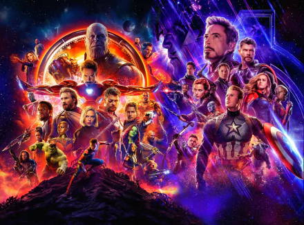 HD desktop wallpaper featuring the Avengers: Endgame cast, showcasing iconic characters in dynamic action poses against a vibrant cosmic background.