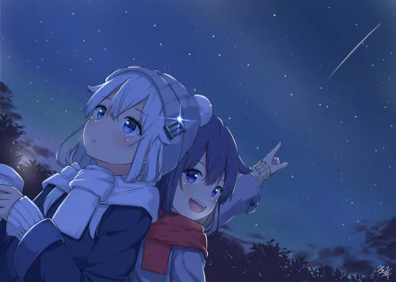 Anime-style winter night scene featuring two characters beneath a starry sky with a shooting star streaking across, captured in HD for a PC desktop wallpaper.