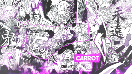 HD PC desktop wallpaper featuring Carrot from the anime One Piece in dynamic black-and-white manga panels with purple highlights and the text CARROT.