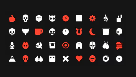 HD desktop wallpaper featuring various icons in red and white on a black background, inspired by the TV show Love, Death & Robots.