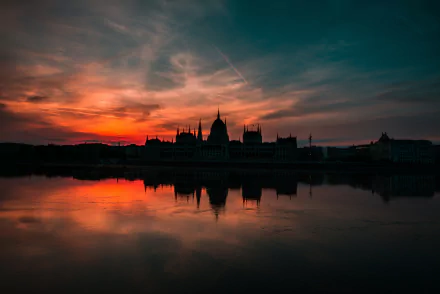Sunset over the Hungarian Parliament Building along the Danube River, with vibrant evening colors reflecting on the water in a 4K Ultra HD scene.