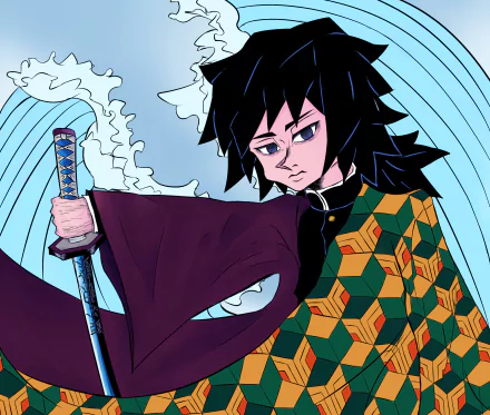 Giyuu Tomioka (Anime, Demon Slayer: Kimetsu no Yaiba) holding a sheathed katana, wearing his patterned haori against stylized blue waves — 2K Quad HD PC desktop wallpaper.