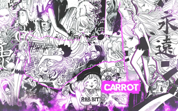HD PC desktop wallpaper featuring Carrot from the anime One Piece in dynamic black-and-white manga panels with purple highlights and the text CARROT.