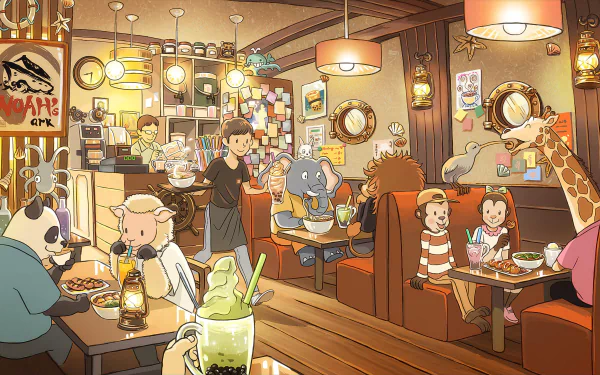 Anime-style HD desktop wallpaper depicting a bustling shop filled with people and anthropomorphic animals enjoying drinks and conversation in a warm, cozy atmosphere.