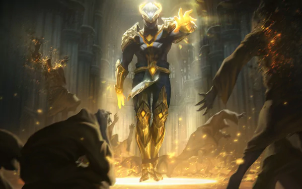 HD PC desktop wallpaper featuring Brand from the video game League of Legends, showcasing his fiery power amid dark, shadowy figures in a dramatic scene.